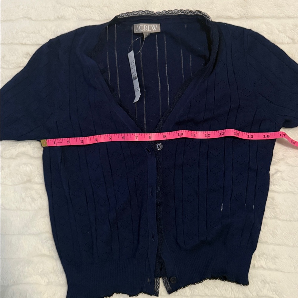 NWT J. Crew Pointelle short-sleeve V-neck cardigan ultra-fine cotton Navy Small - Picture 2 of 5
